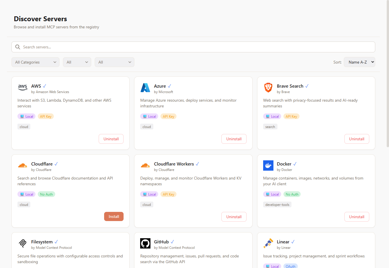 McpMux server registry with searchable grid and one-click install