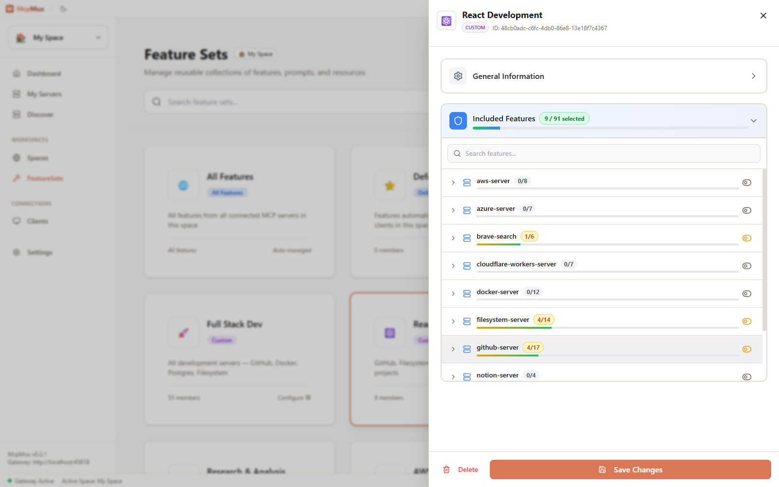 McpMux feature set detail panel showing granular tool selection per server